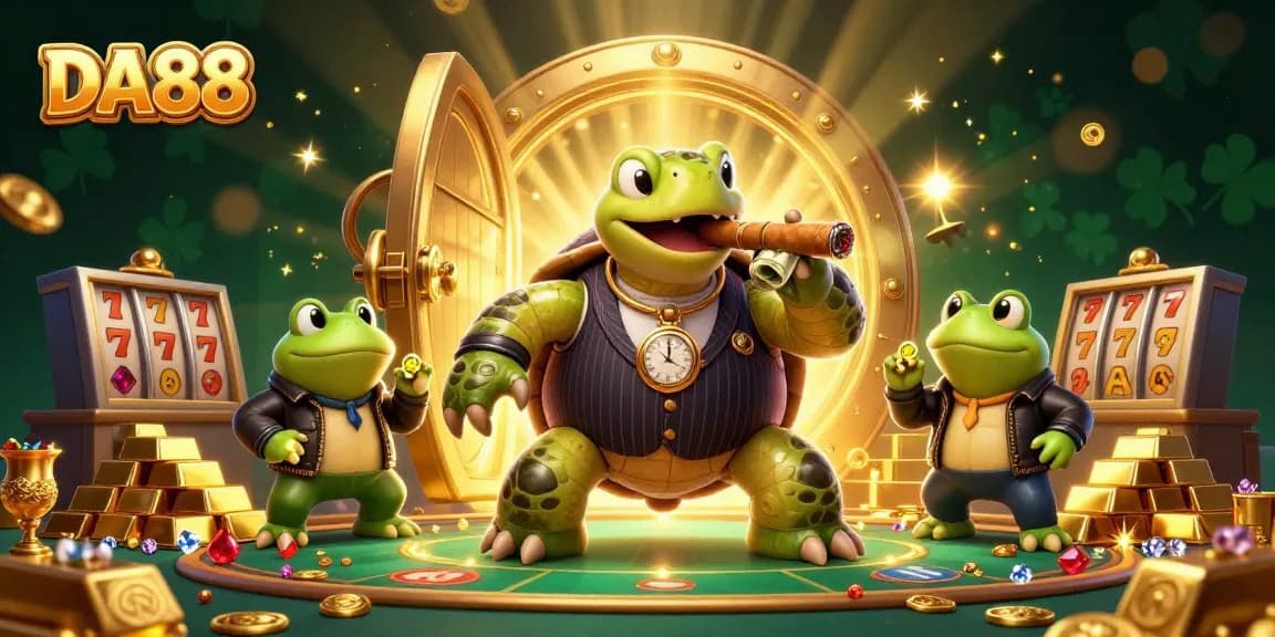 Play exciting slots with DA88 featuring a vibrant cartoon turtle mobster and gold treasures in a casino