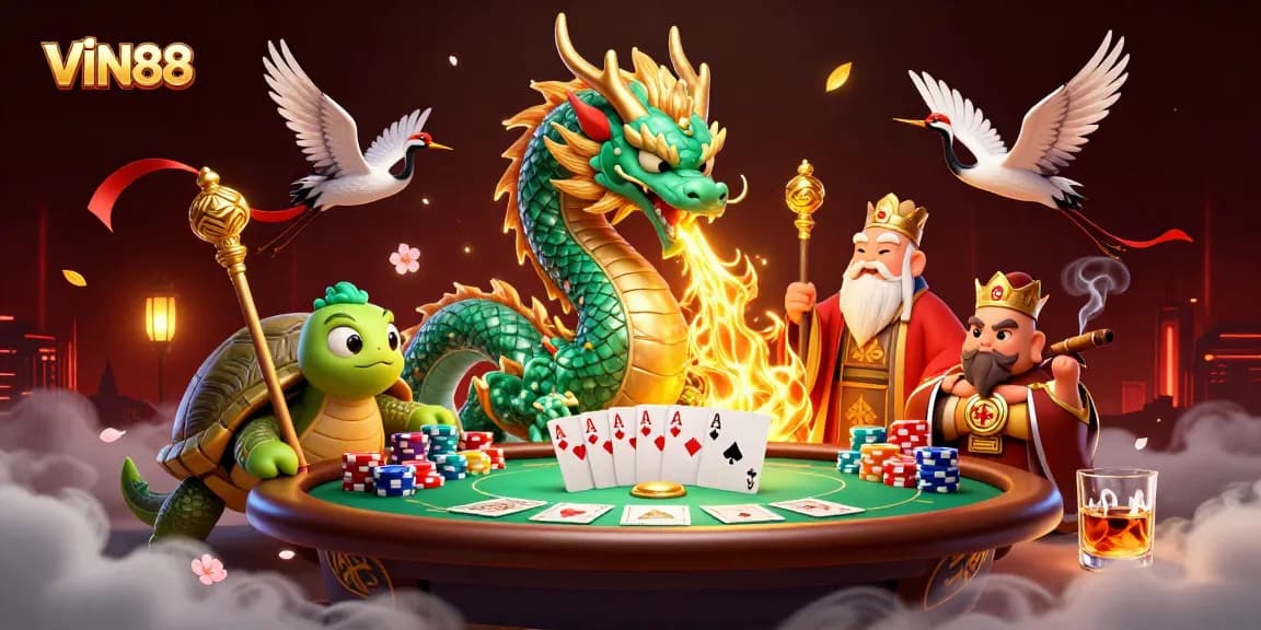 Engage in thrilling poker at VIN88, featuring vibrant graphics with a jade dragon and poker elements.