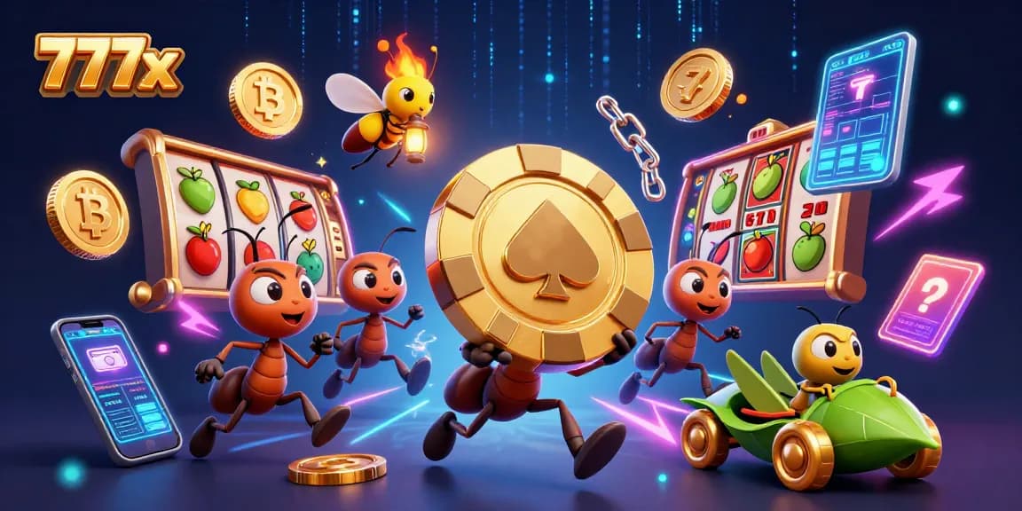 Engage in thrilling casino action with the 777x crew of ants in a vibrant heist scene.