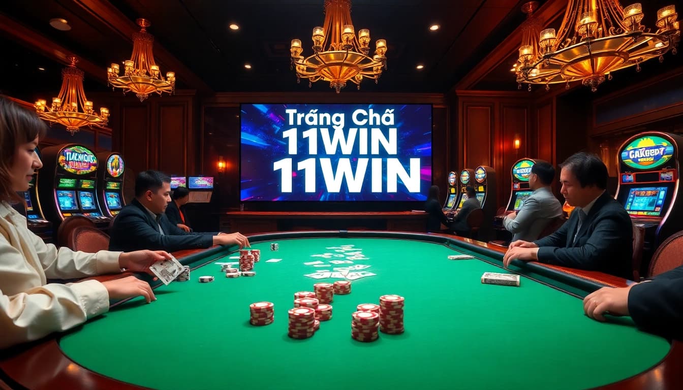 Stunning casino scene showcasing vibrant action at Trang Chủ 11WIN with players at a poker table.