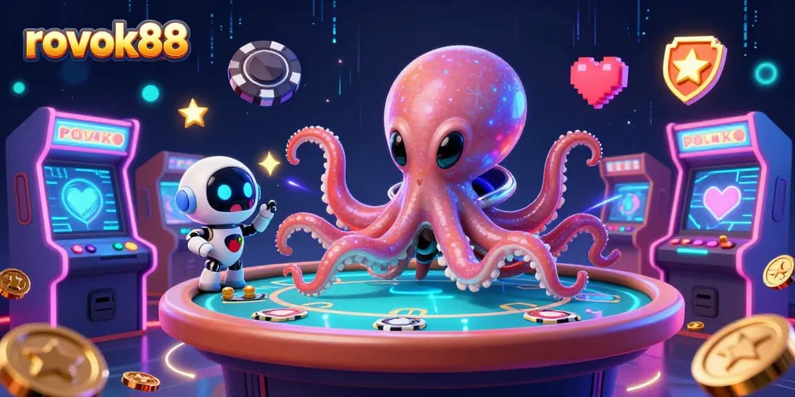 Engage with rokok88 in an exciting holographic poker universe featuring an alien octopus and robot.