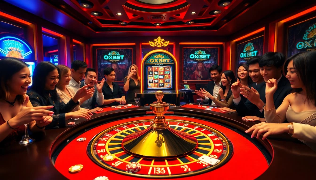 Experience high-stakes gaming at an OXBET roulette table featuring vibrant casino elements.
