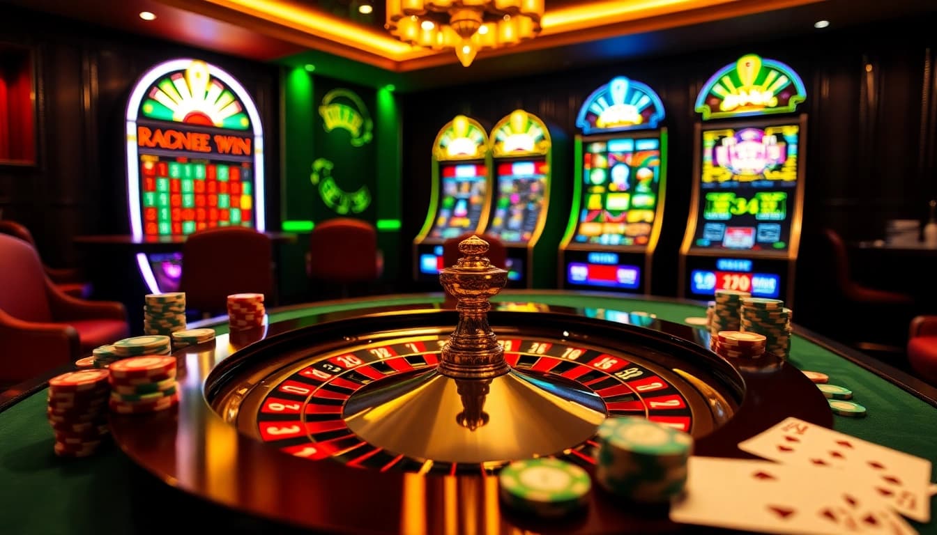 Experience the excitement of RR88 casino with a vibrant roulette table and lively poker chips.