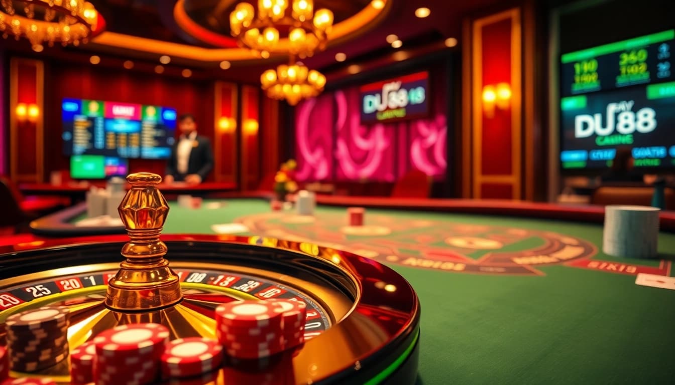 Experience excitement at DU88 casino with vibrant gaming tables and luxurious poker setups.