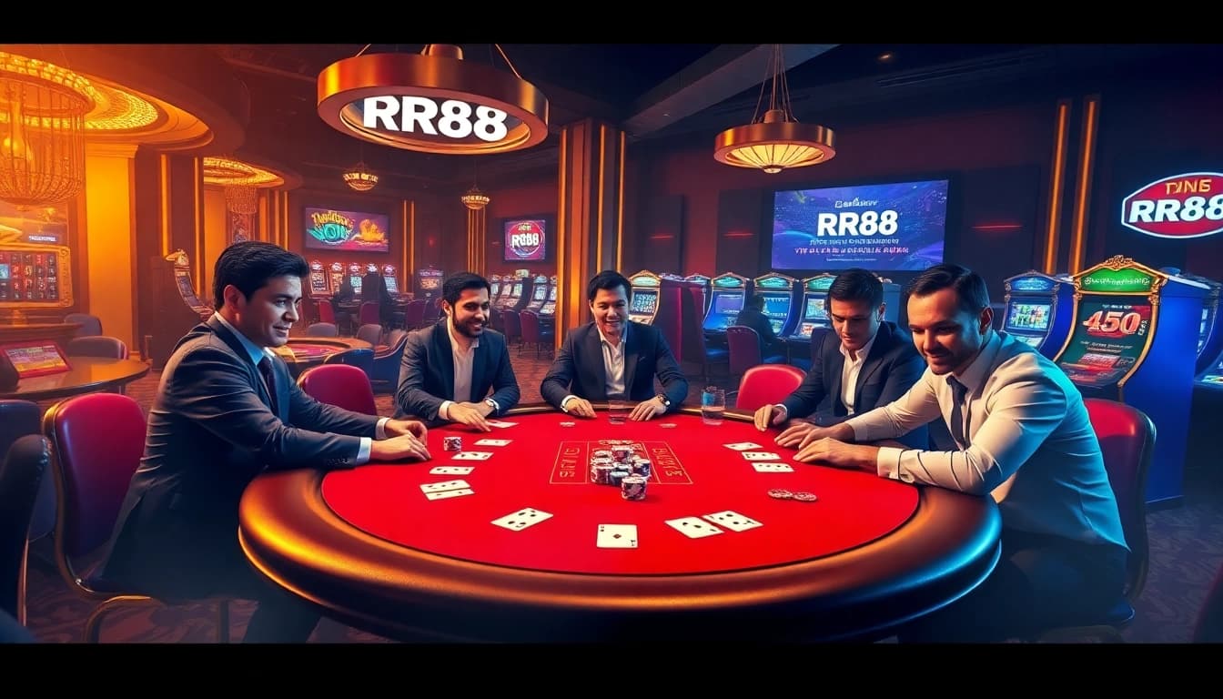 RR88 poker players immersed in a luxurious casino experience, showcasing vibrant gambling elements.