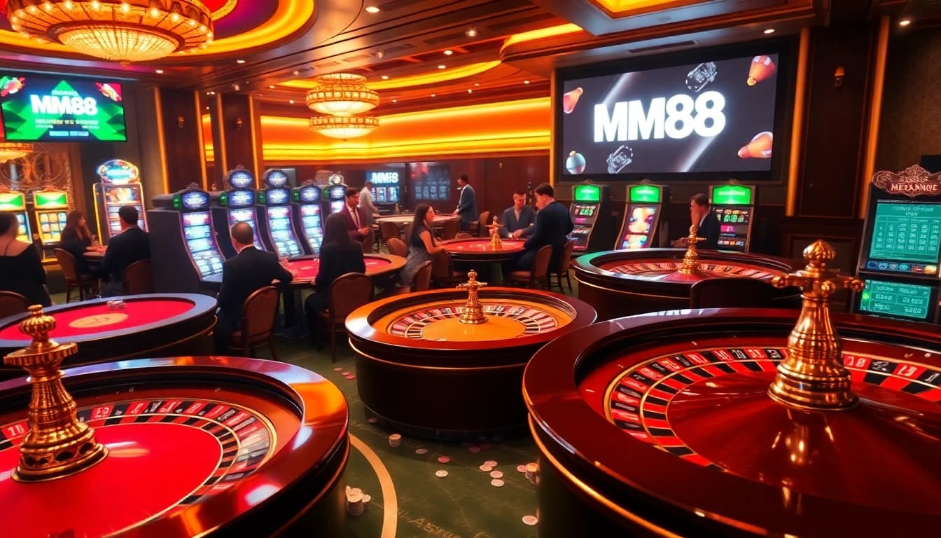 Experience the thrilling action of casino gaming with MM88, featuring poker tables and roulette wheels.