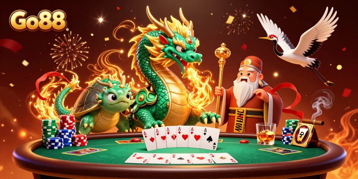 Join the excitement at Go88, where a dragon, turtle sage, and lucky cranes celebrate with poker elements.