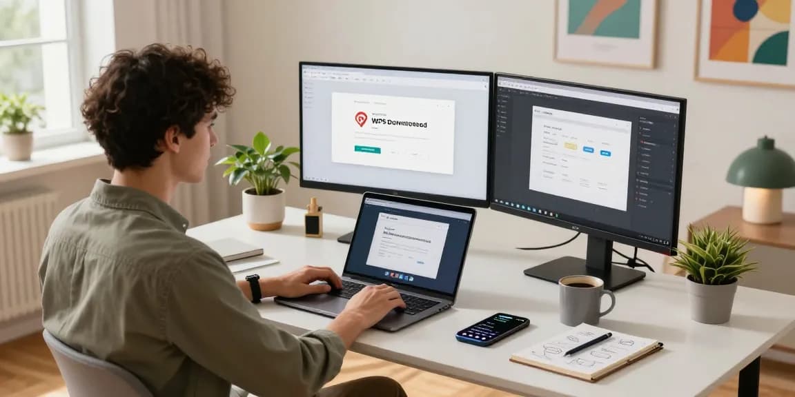 WPS Download page displayed on a laptop in a modern home office setup, highlighting productivity tools.