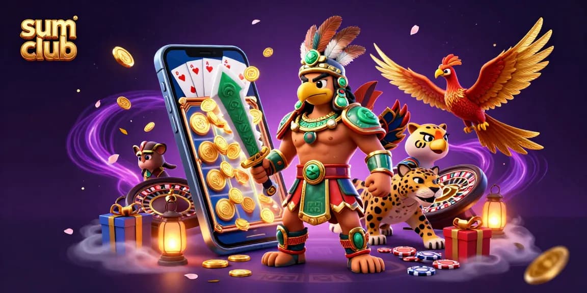 Experience thrilling games at sum club with an Aztec warrior among vibrant casino elements.