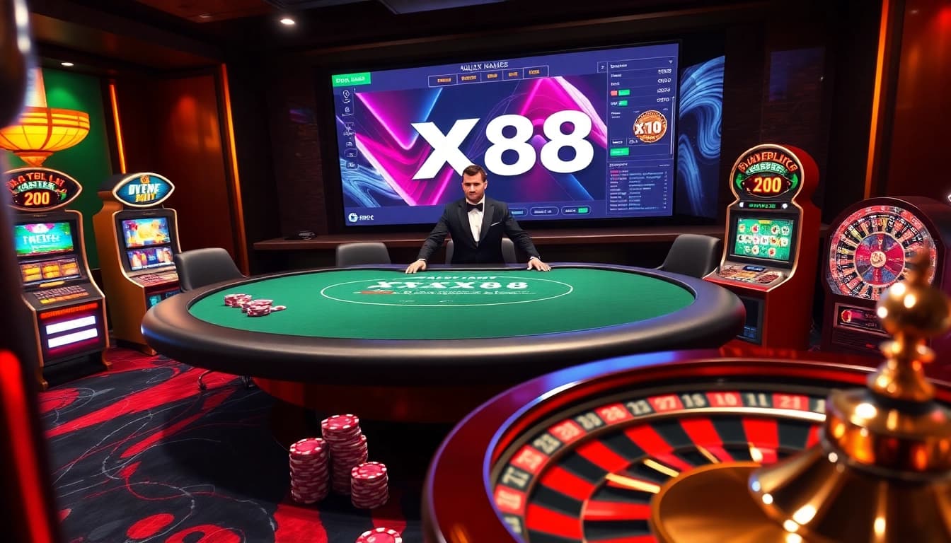 Engaging scene at XX88 casino with blackjack table, vibrant slot machines, and roulette wheel.