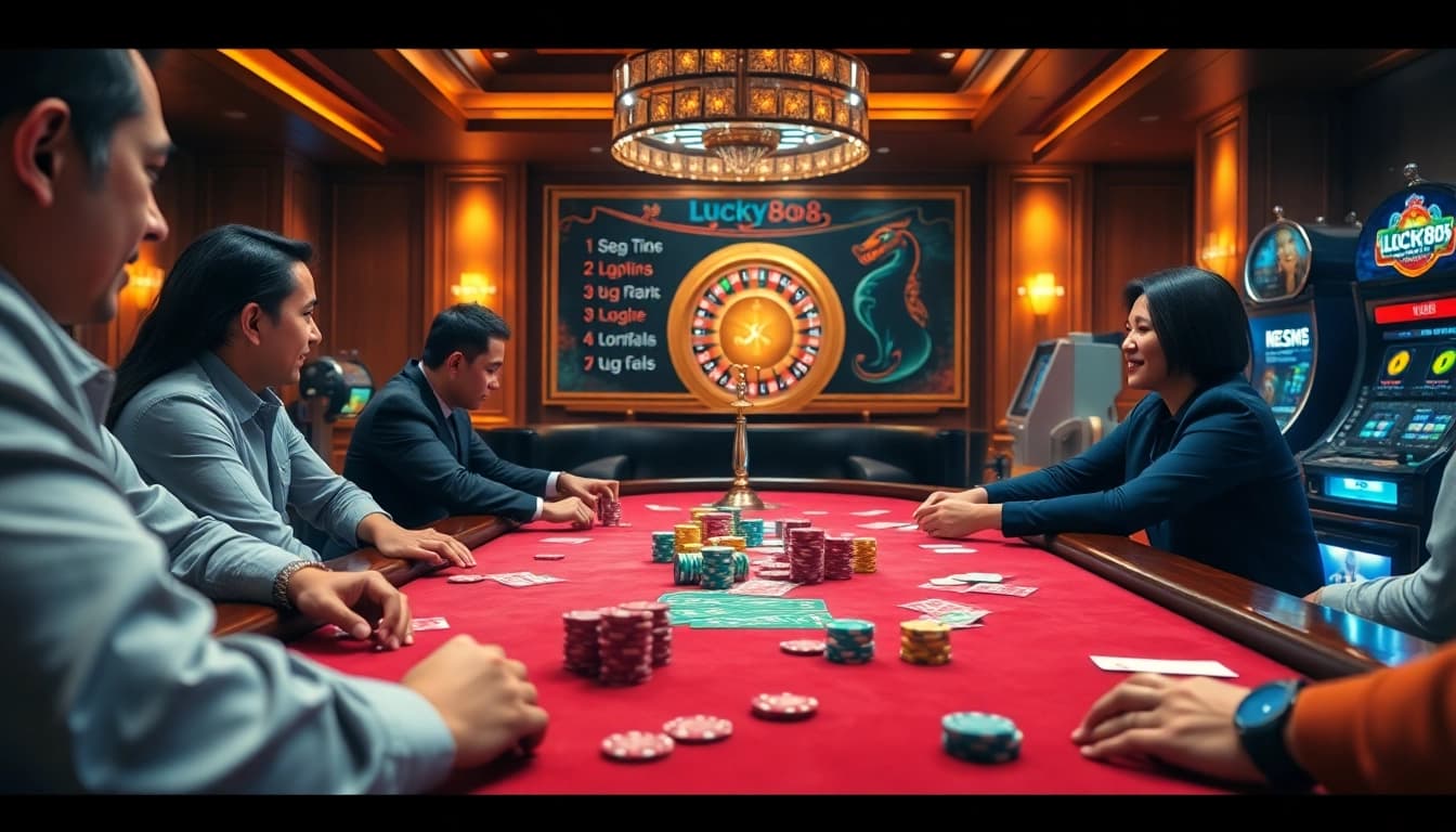 Action-packed poker game at nhà cái lucky88's luxurious casino table, showcasing vibrant chips and cards.