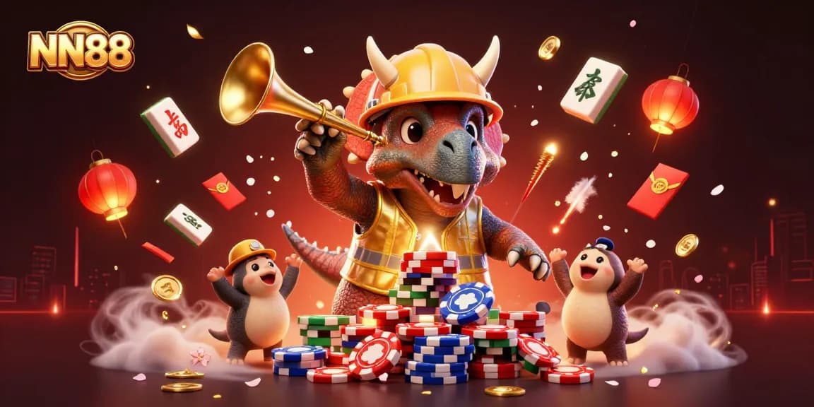 NN88 brings a lively atmosphere with cartoon dinosaurs building poker chip pyramids in a vibrant casino scene