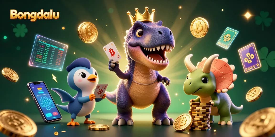 Engage with Bongdalu for live sports betting updates and vibrant animations of dinosaurs and crypto elements.