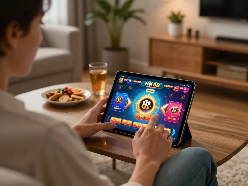 Engaging in online gaming with NK88 on a tablet, enjoying a cozy home atmosphere