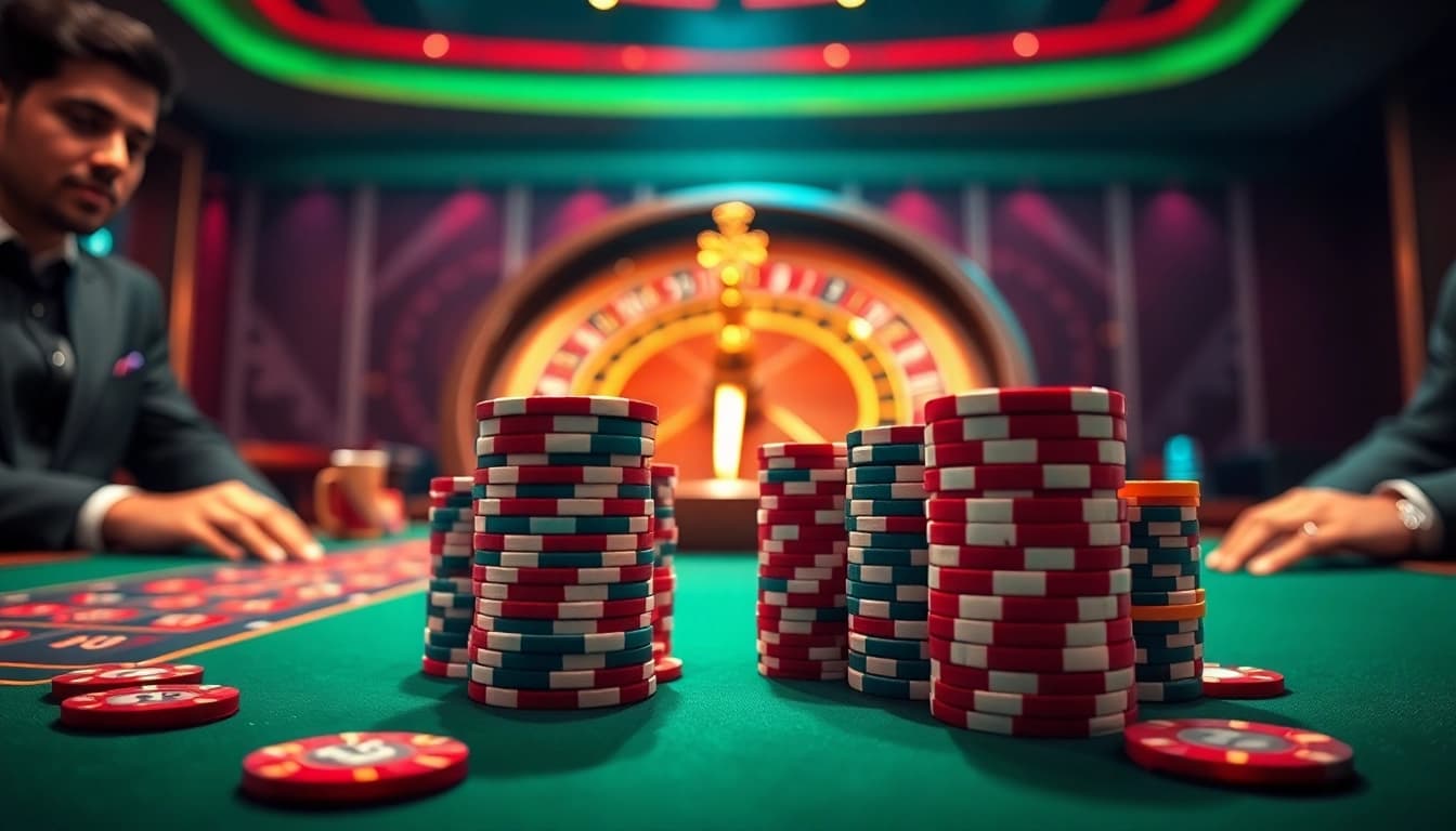 Engaging poker scene at https://vin88ac.com/ with vibrant chips and a roulette wheel, showcasing live gambling excitement.