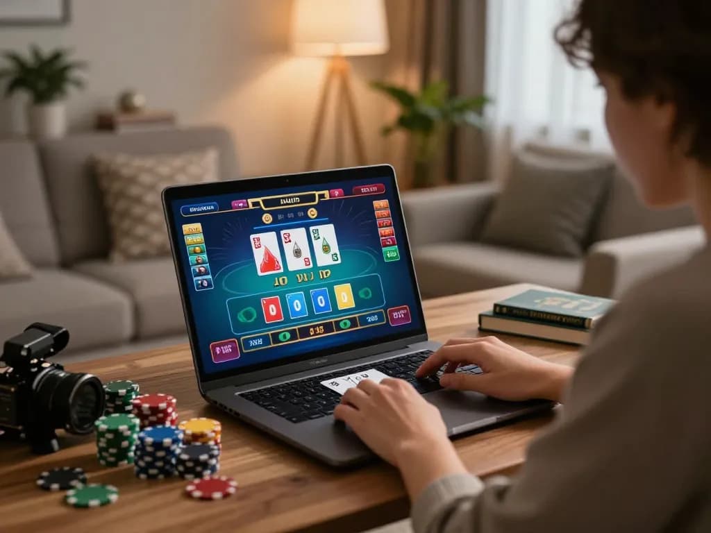 Player enjoying a thrilling live dealer game on CM88, showcasing smart digital gameplay in a cozy setting.