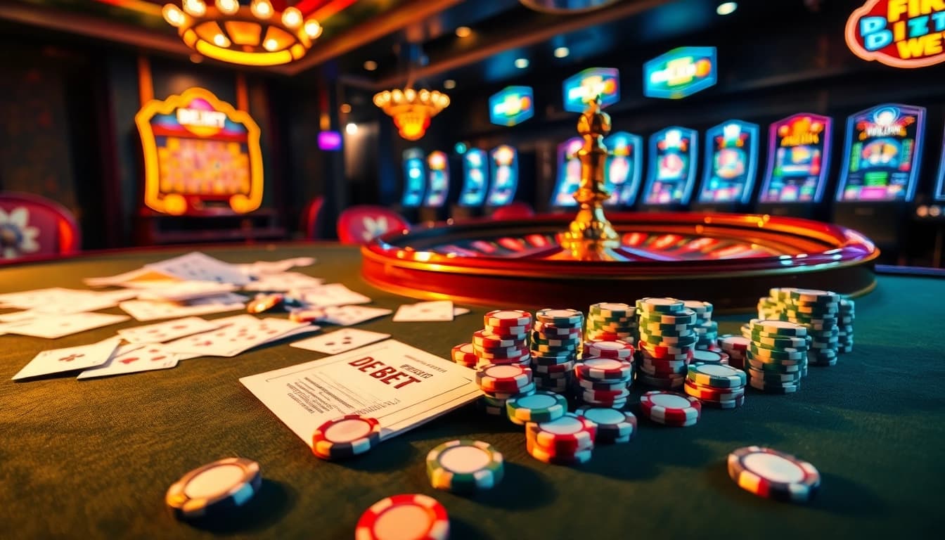 Exciting casino environment featuring DE BET with gaming table, roulette wheel, and colorful slot machines.