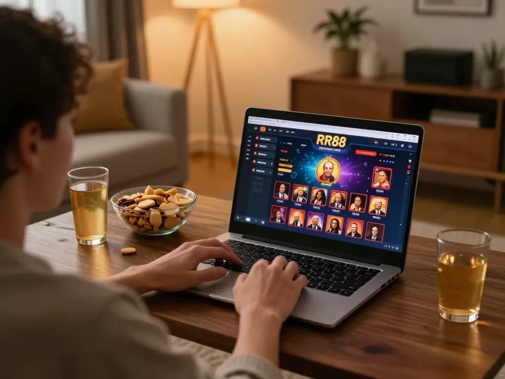 Engaging in an online casino game on RR88 platform from a stylish home setup.