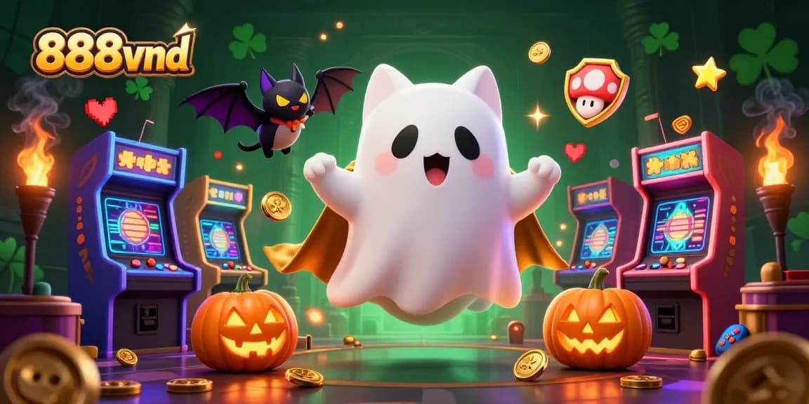 Experience thrilling gameplay with 888vnd featuring a ghost cat and vampire bat amid glowing casino elements.