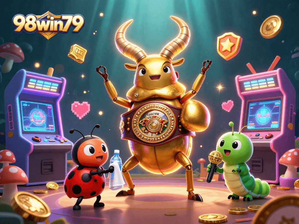 Experience thrilling gameplay with 98win79 in this vibrant casino illustration featuring unique characters!