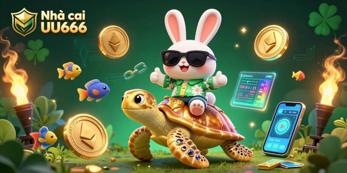 Engage with Nhà cái UU666 through exciting casino games featuring a colorful rabbit and sea turtle illustration.