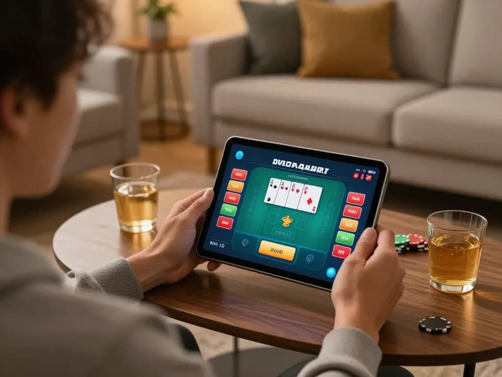 Engaged player enjoying poker on the Luckywin app in a cozy home setting.
