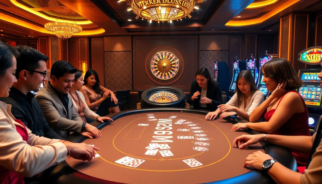 Experience the excitement of XX88 with players enjoying blackjack and roulette in a vibrant casino setting.