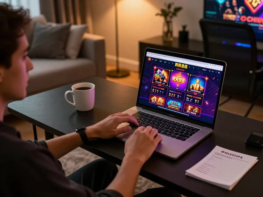Engaging in online gaming with RR88 on a laptop at a cozy home setup