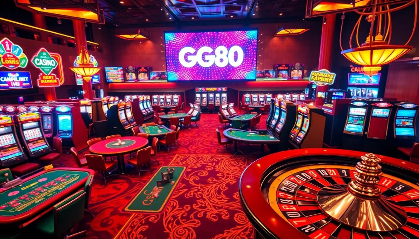 Exclusive GG88 casino table scene with vibrant slot machines and engaging players.