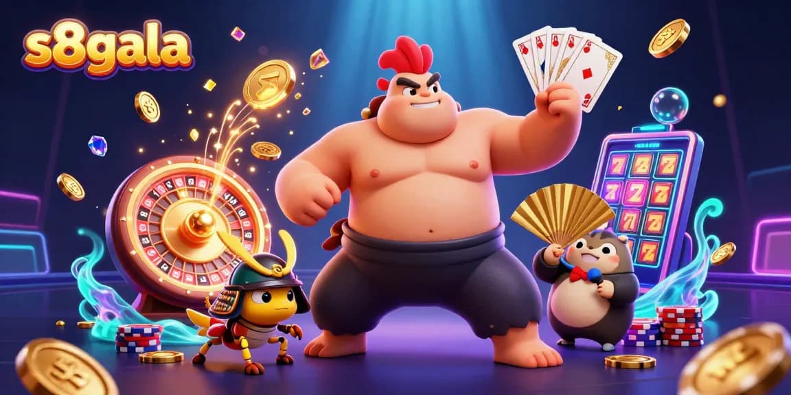 S8gala showcases exciting casino action with a powerful sumo wrestler rooster and vibrant gaming elements.