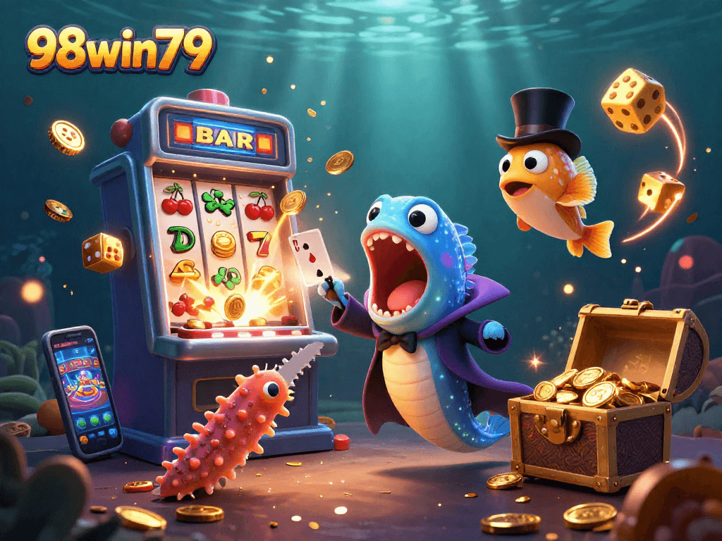 Witness the excitement of 98win79 where a deep-sea eel performs magic in a vibrant casino setting.