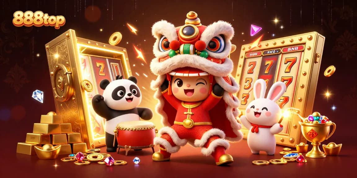 Experience exciting slot gameplay with 888top's vibrant casino scene featuring a lively lion dance and treasures.
