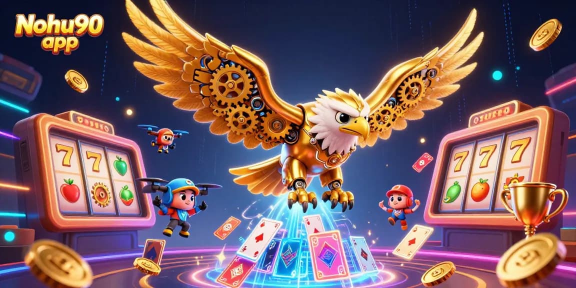 Experience thrilling gameplay with the Nohu90 app, showcasing a dynamic 3D golden eagle surrounded by engaging casino elements.