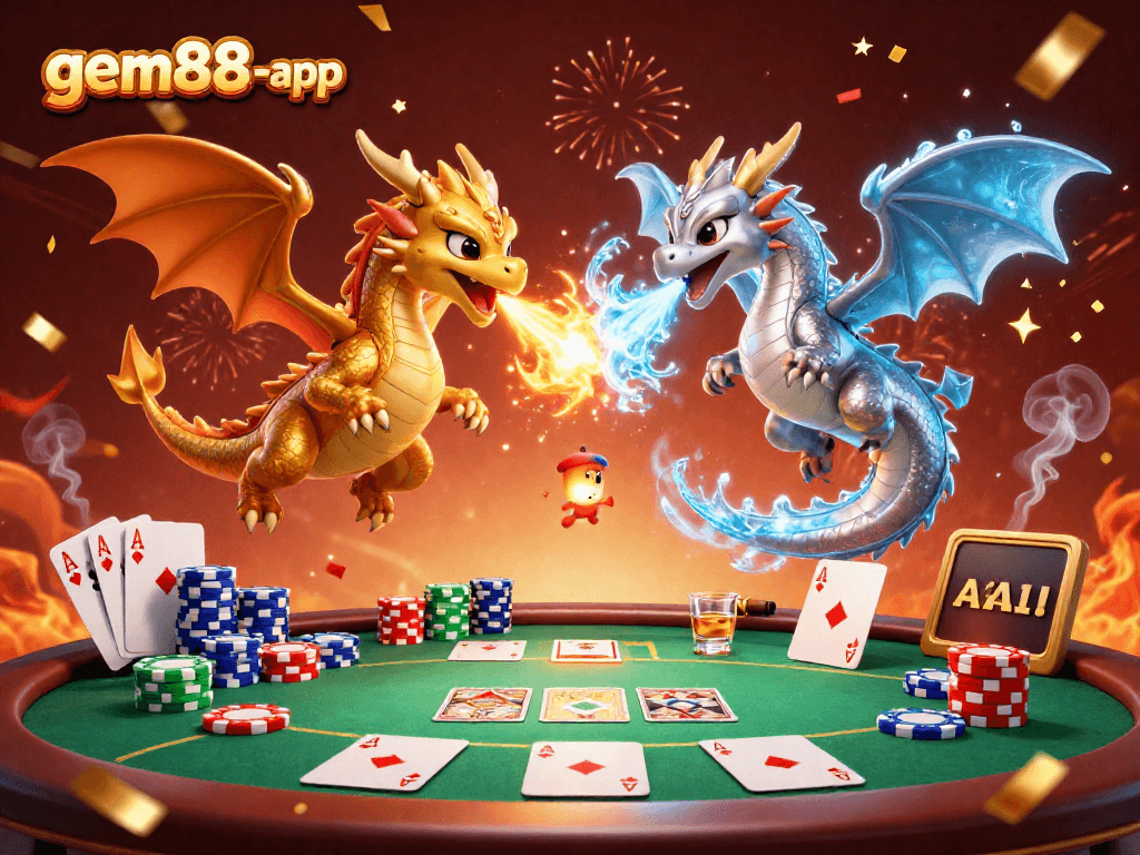 Experience gem88-app with twin dragons in a vibrant casino scene featuring poker elements.