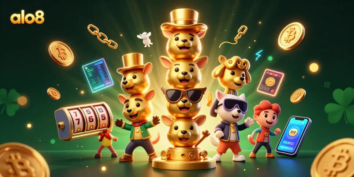 Engage in thrilling gaming with alo8 as the vibrant totem pole boasts unique expressions amidst glowing cryptocurrency elements.