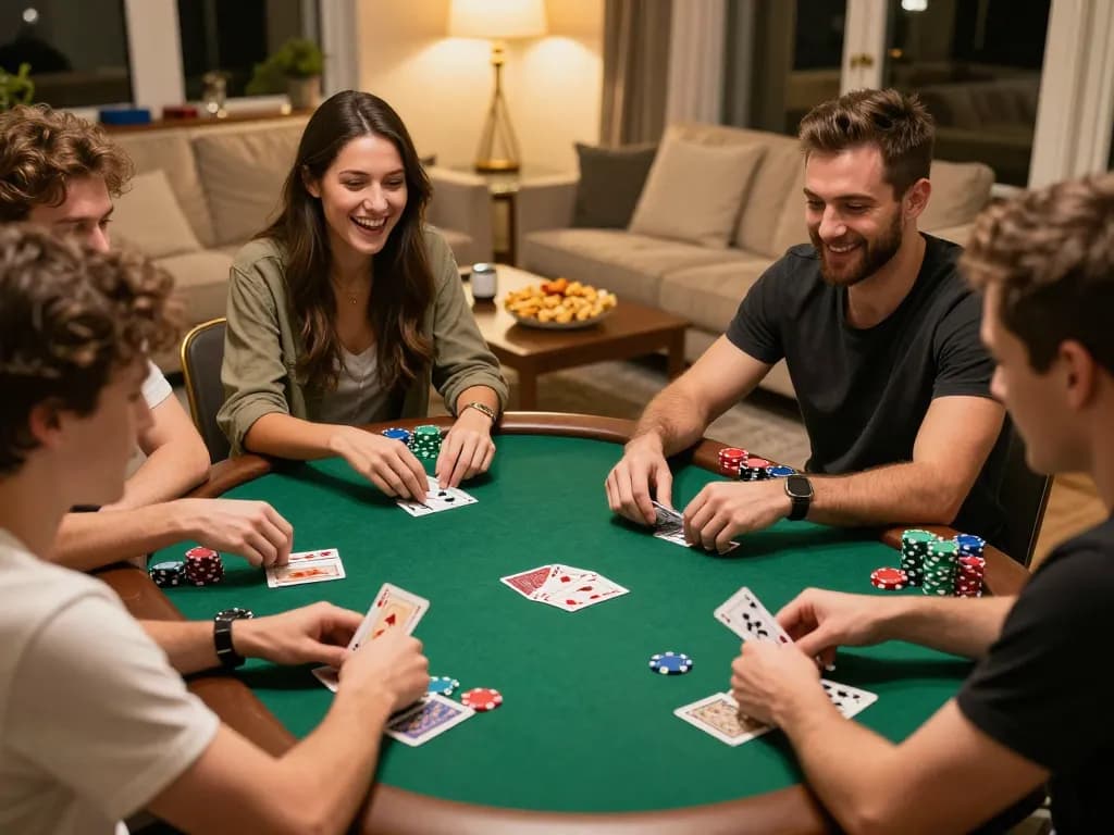Tận hưởng việc tuyển dụng kjc với nhóm bạn trong buổi tối chơi poker thân mật cùng snack và đồ uống