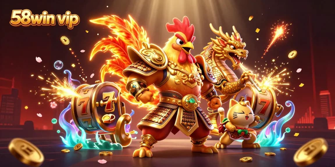 Experience thrilling gameplay with 58win vip as a golden-armored rooster warrior and dragon hatchling celebrate winning moments in a vibrant casino.