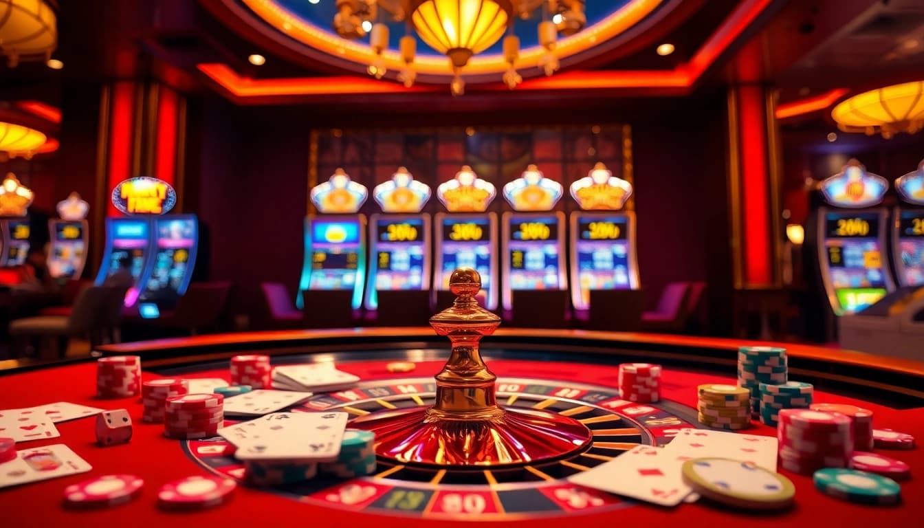 Experience high-stakes gaming at May88 with a vibrant casino scene showcasing roulette and poker.
