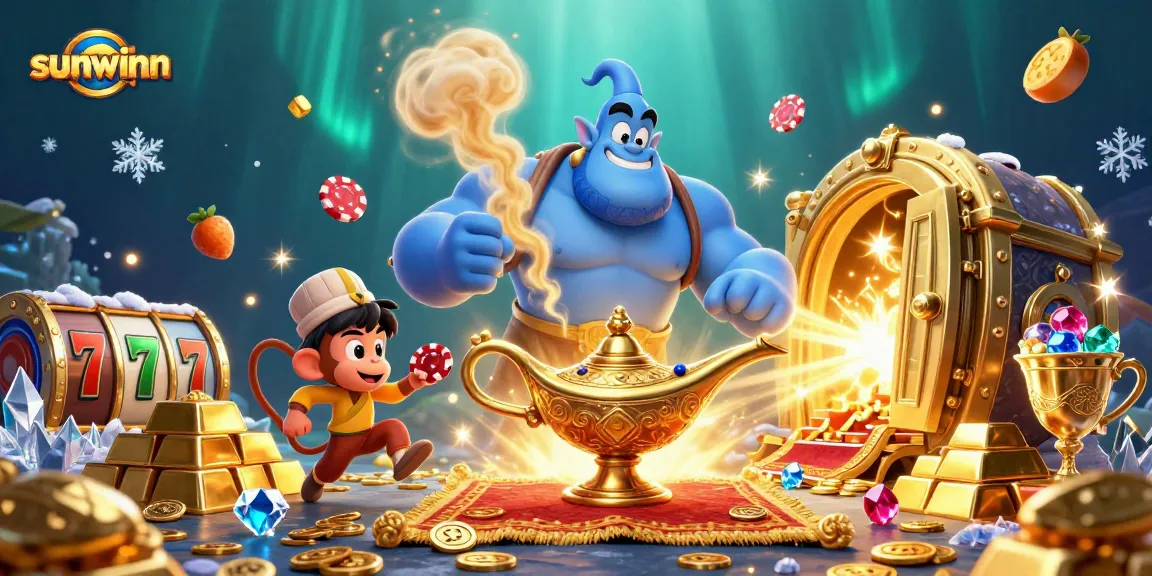 Play exciting slots with sunwinn’s vibrant 3D genie and treasure scene, rich in detail.