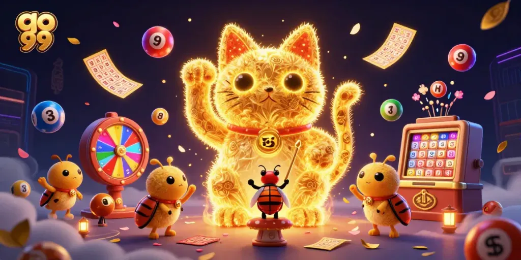Engage with go 99's dynamic lottery scene featuring a giant lucky cat amidst colorful bouncing balls.
