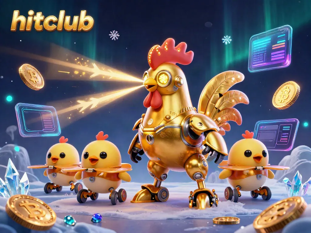 Hitclub's dynamic 3D scene with a golden rooster robot, crypto elements and vibrant gaming excitement.