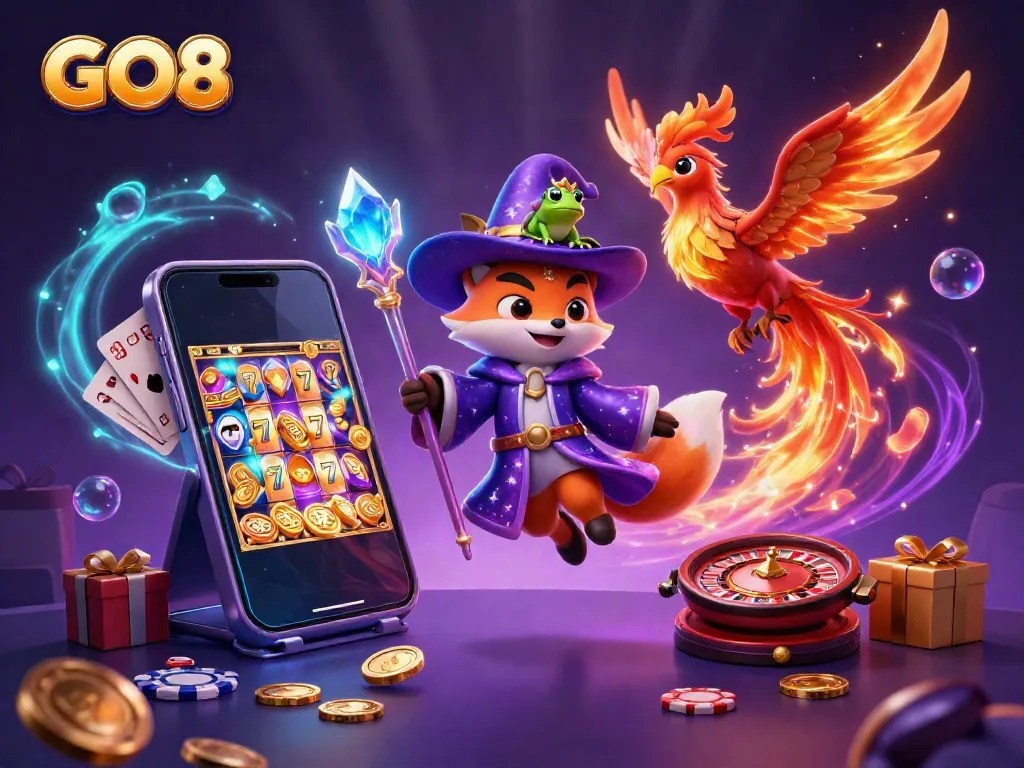 Experience GO8's gaming magic with a mystical wizard fox and phoenix in a vibrant casino scene.