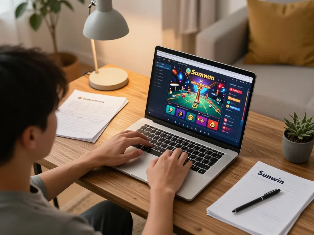 Engaging in online Sunwin gaming on a laptop, showcasing a cozy and strategic environment.