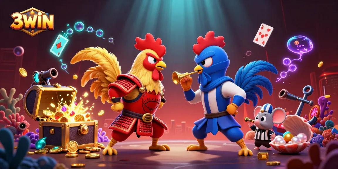 3WIN fighting roosters in a dynamic showdown with coins and casino elements surrounding them
