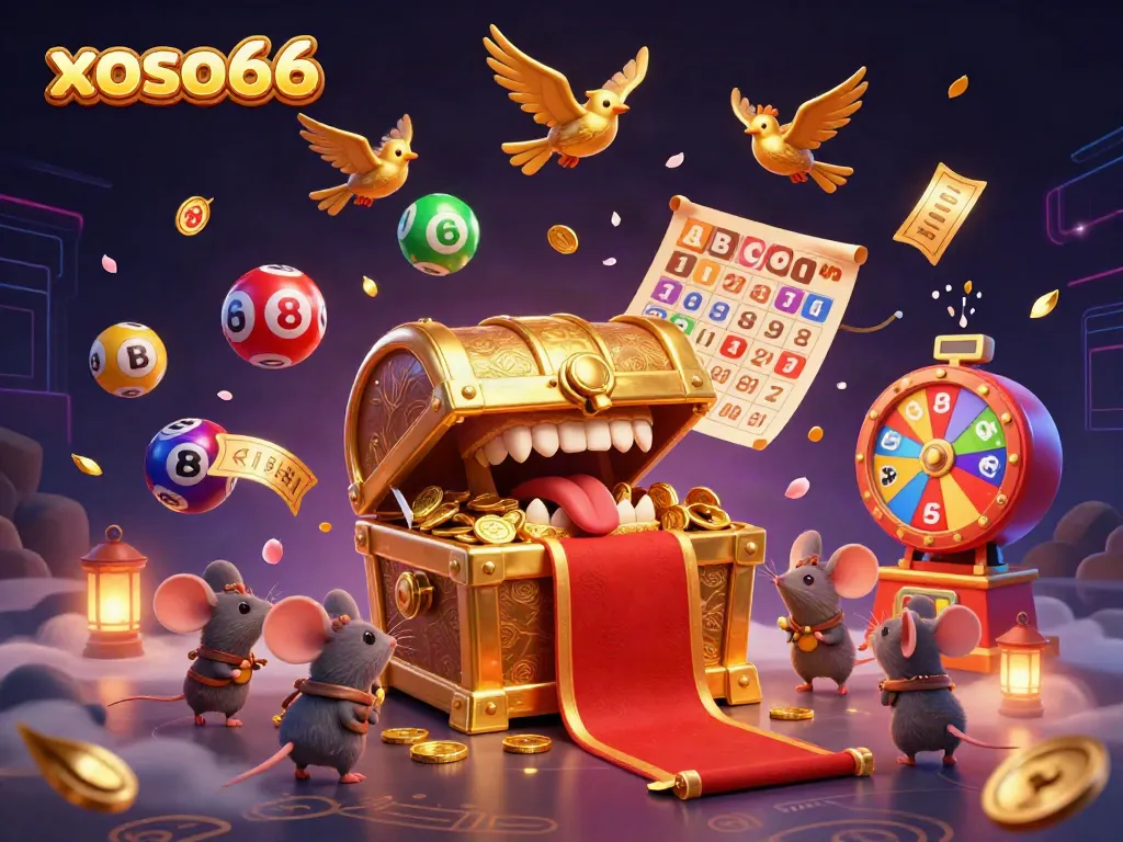 Engage in exciting lottery adventures with xoso66, featuring colorful balls, a treasure chest, and dynamic prizes.
