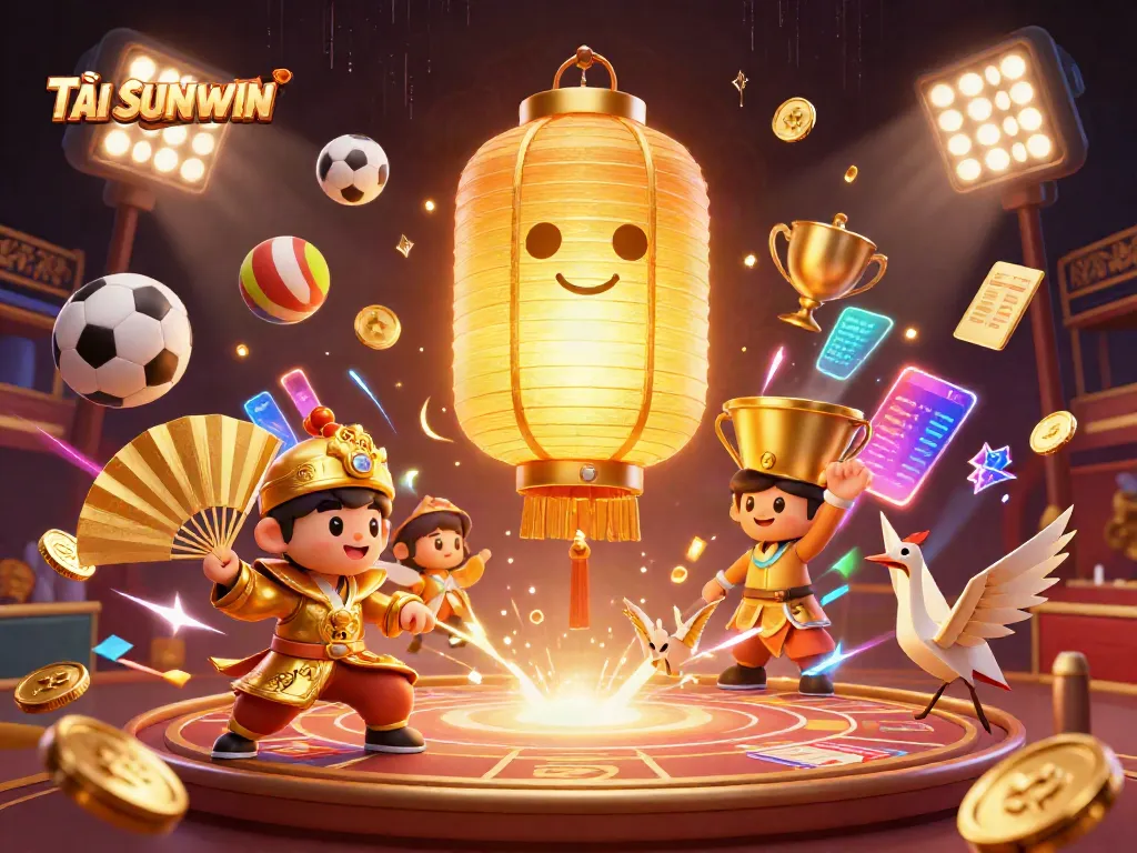 Play exciting casino games with TẢI SUNWIN featuring golden lanterns and vibrant sports elements.