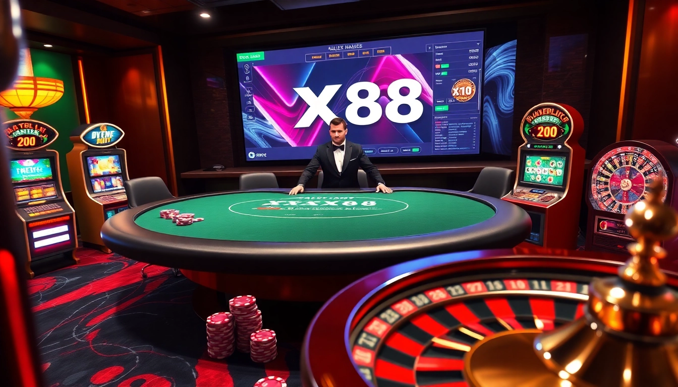 Engaging scene at XX88 casino with blackjack table, vibrant slot machines, and roulette wheel.