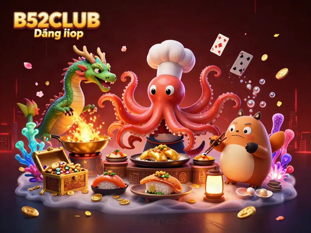 B52CLUB Đăng nhập showcases an exciting 3D cartoon scene filled with casino elements, vibrant characters, and treasures.