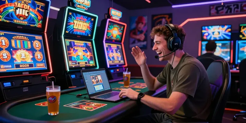 Player enjoying online gaming at https://man88pro.com/ with vibrant graphics and live dealers in cozy atmosphere