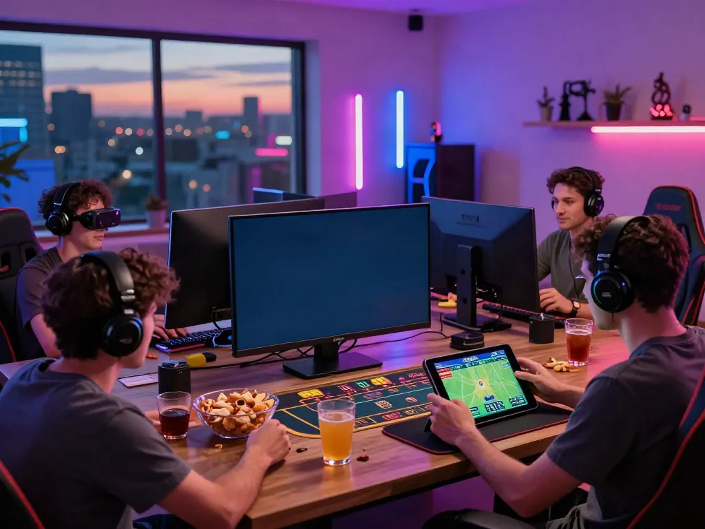 Exciting gaming scene with friends engaged in online betting at https://fabet.com.mx/, showcasing social interaction and modern gaming technology.